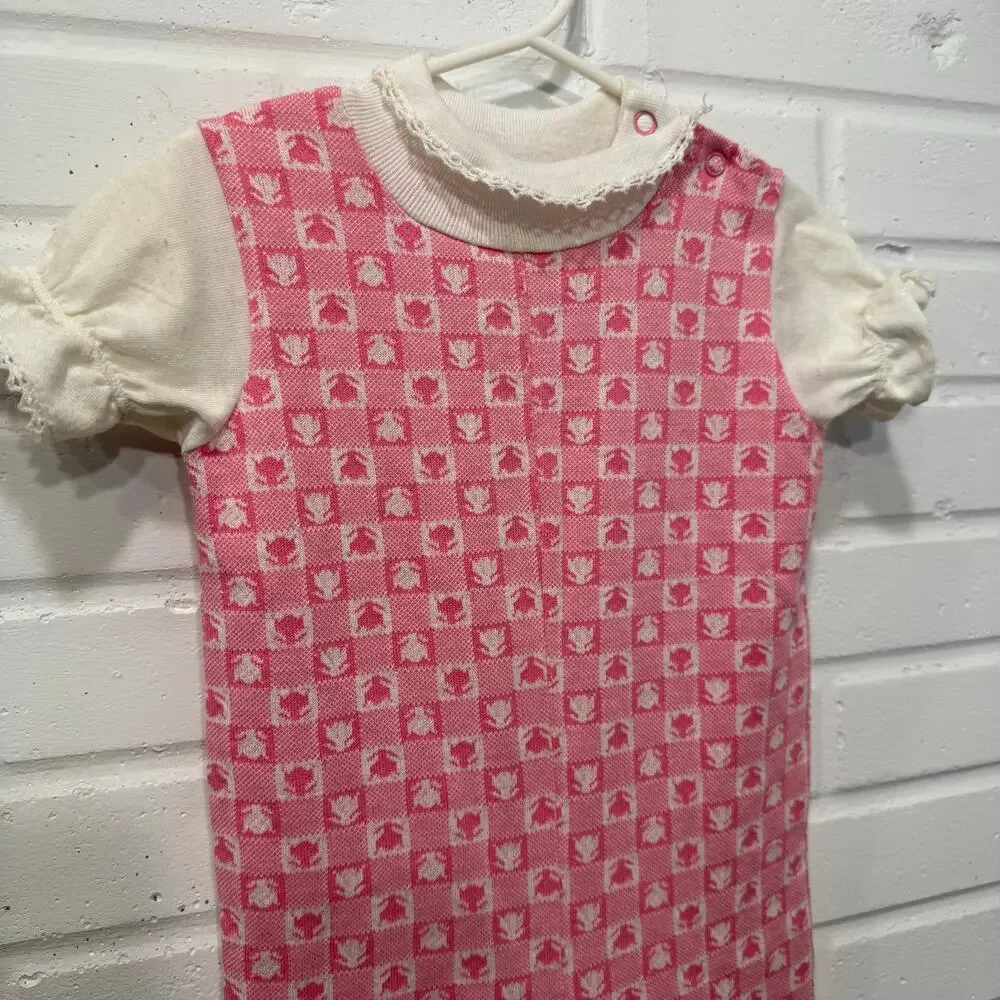Vintage 70s Carters Jumpsuit Pink Patterned White Collar Toddler Girl Sz‎ 24 Mos